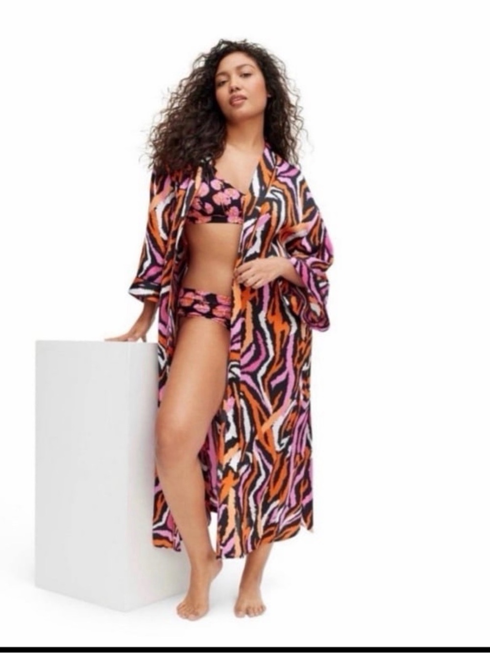 Diane Von Furstenberg Pink, Orange & Black Abstract Wrap Robe - Picture 3 of 7